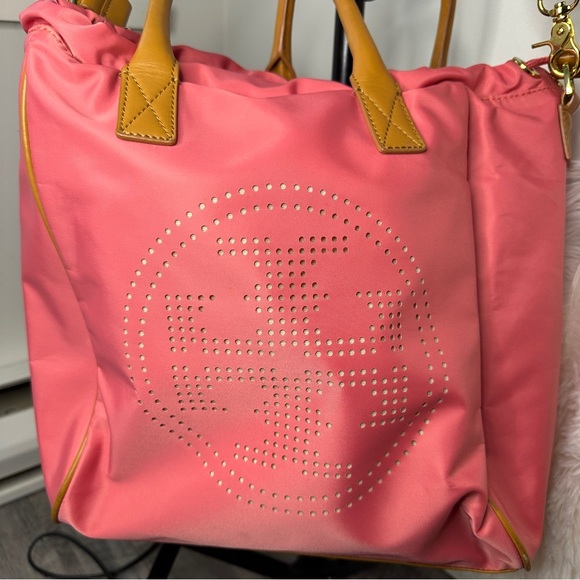 Tory Burch Pink Tote Crossbody Bag Purse Leather Handle Nylon Handbag - Picture 9 of 14